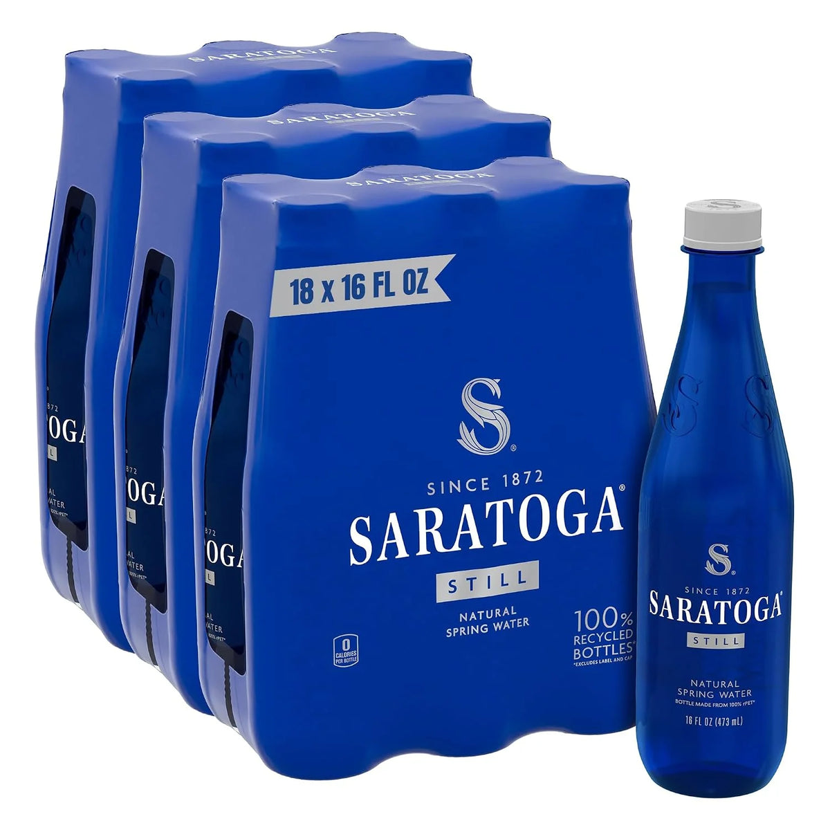 Saratoga Spring Water Bottles, 18 Pack – Still Bottled Water – Recycled PET Plastic Bottles – 16 Fl Oz